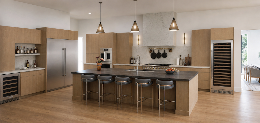 Dining area with statement lighting
