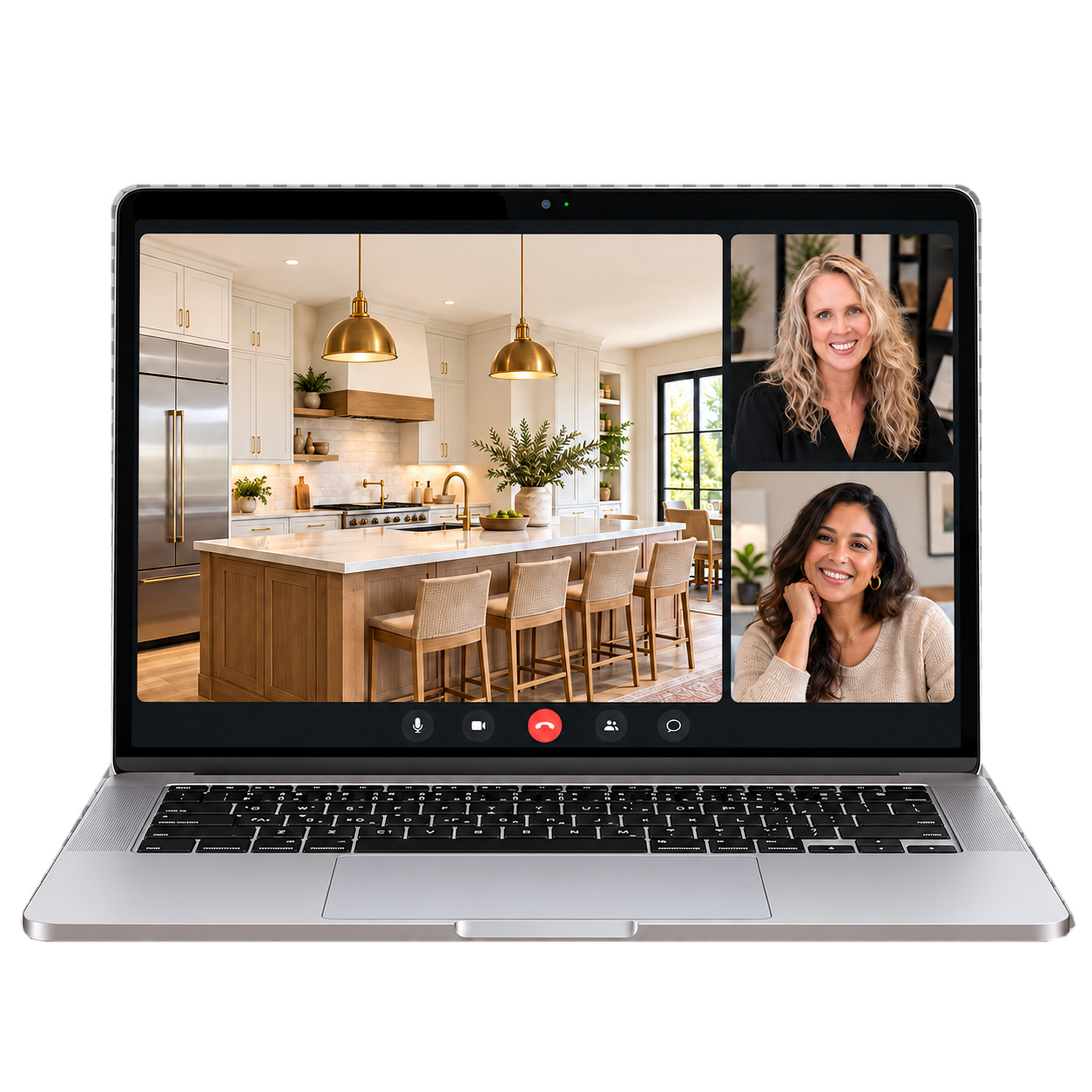 Video design consultation on a laptop showing a kitchen design and live video call